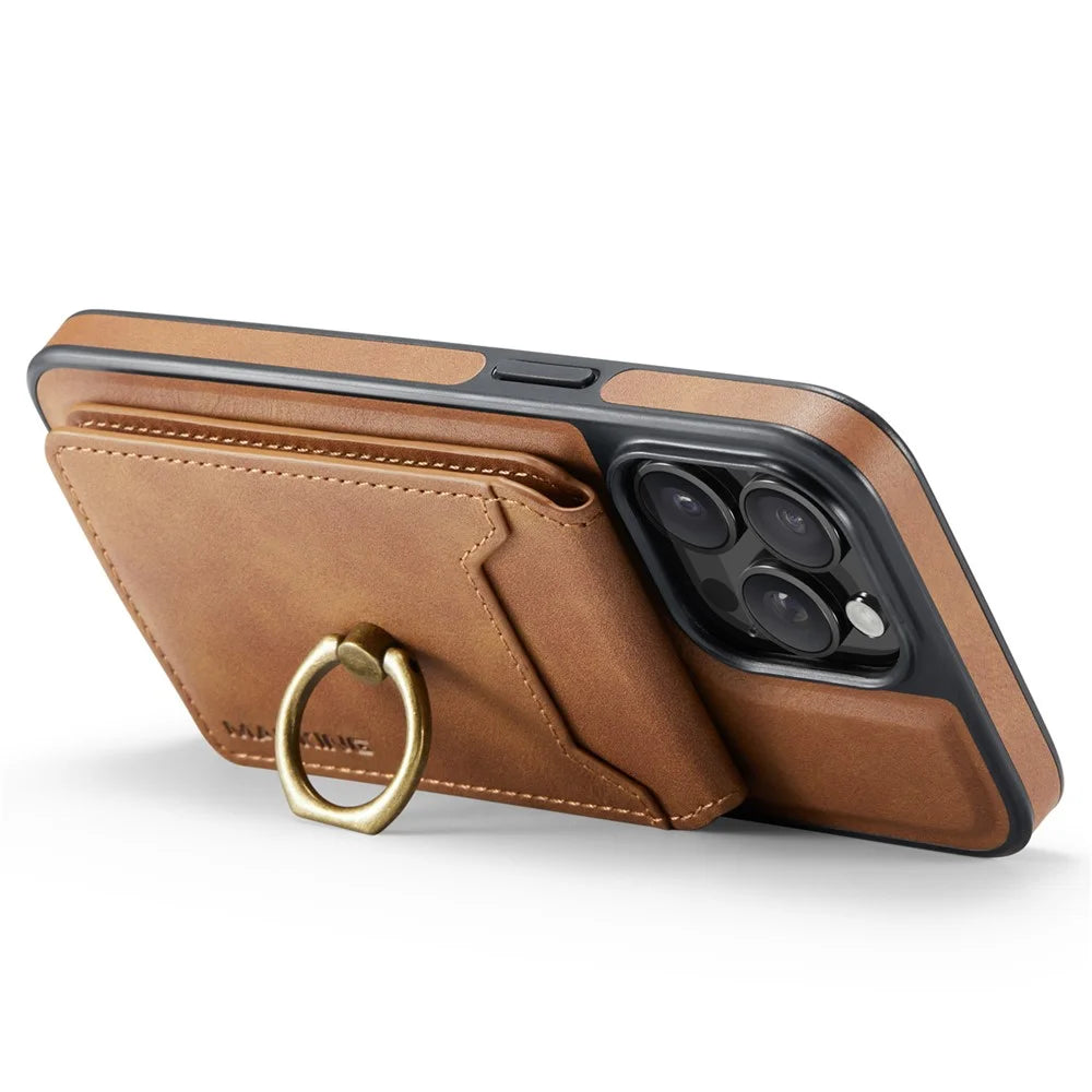 MAGKING K1 Series For iPhone 14 Pro Max Magnetic Case PC+TPU+PU Phone Cover with Card Holder Kickstand - Brown - 3