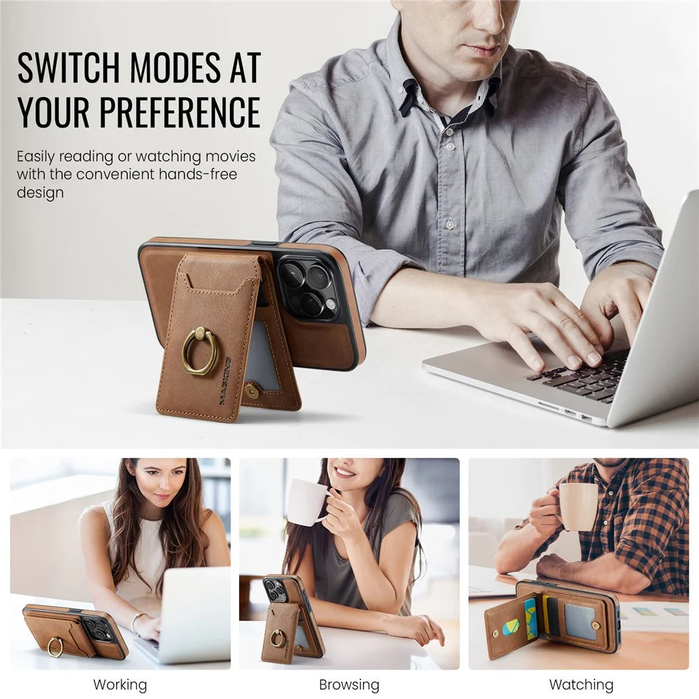 MAGKING K1 Series For iPhone 14 Pro Max Magnetic Case PC+TPU+PU Phone Cover with Card Holder Kickstand - Brown - 5