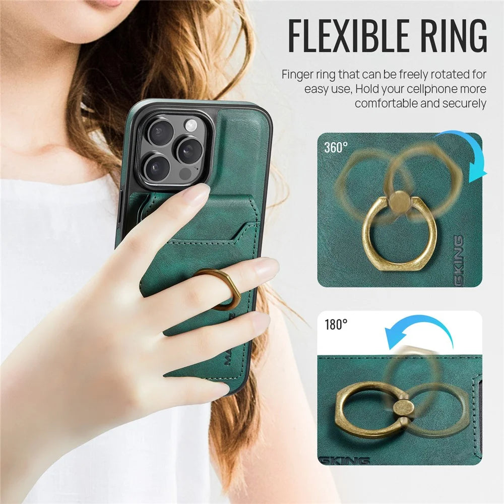 MAGKING K1 Series For iPhone 13 Pro Magnetic Case PC+TPU+PU Phone Cover with Card Holder Kickstand - Green - 4