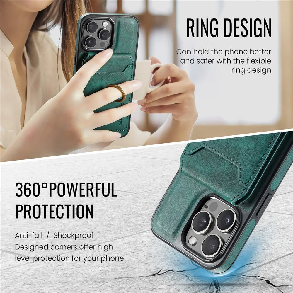 MAGKING K1 Series For iPhone 13 Pro Magnetic Case PC+TPU+PU Phone Cover with Card Holder Kickstand - Green - 6