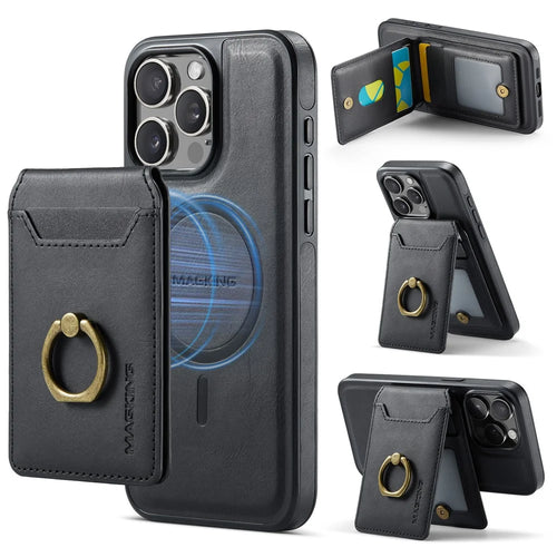 MAGKING K1 Series For iPhone 12 Pro Max Magnetic Case PC+TPU+PU Phone Cover with Card Holder Kickstand - Black - 1