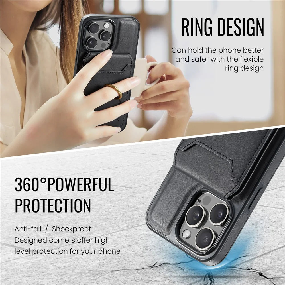 MAGKING K1 Series For iPhone 12 Pro Max Magnetic Case PC+TPU+PU Phone Cover with Card Holder Kickstand - Black - 6