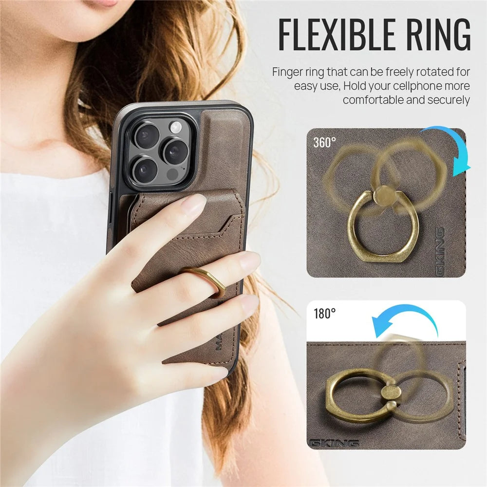 MAGKING K1 Series For iPhone 13 Pro Max Magnetic Case PC+TPU+PU Phone Cover with Card Holder Kickstand - Coffee - 4