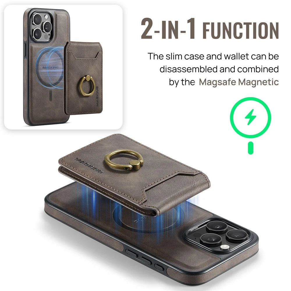 MAGKING K1 Series For iPhone 13 Pro Max Magnetic Case PC+TPU+PU Phone Cover with Card Holder Kickstand - Coffee - 7