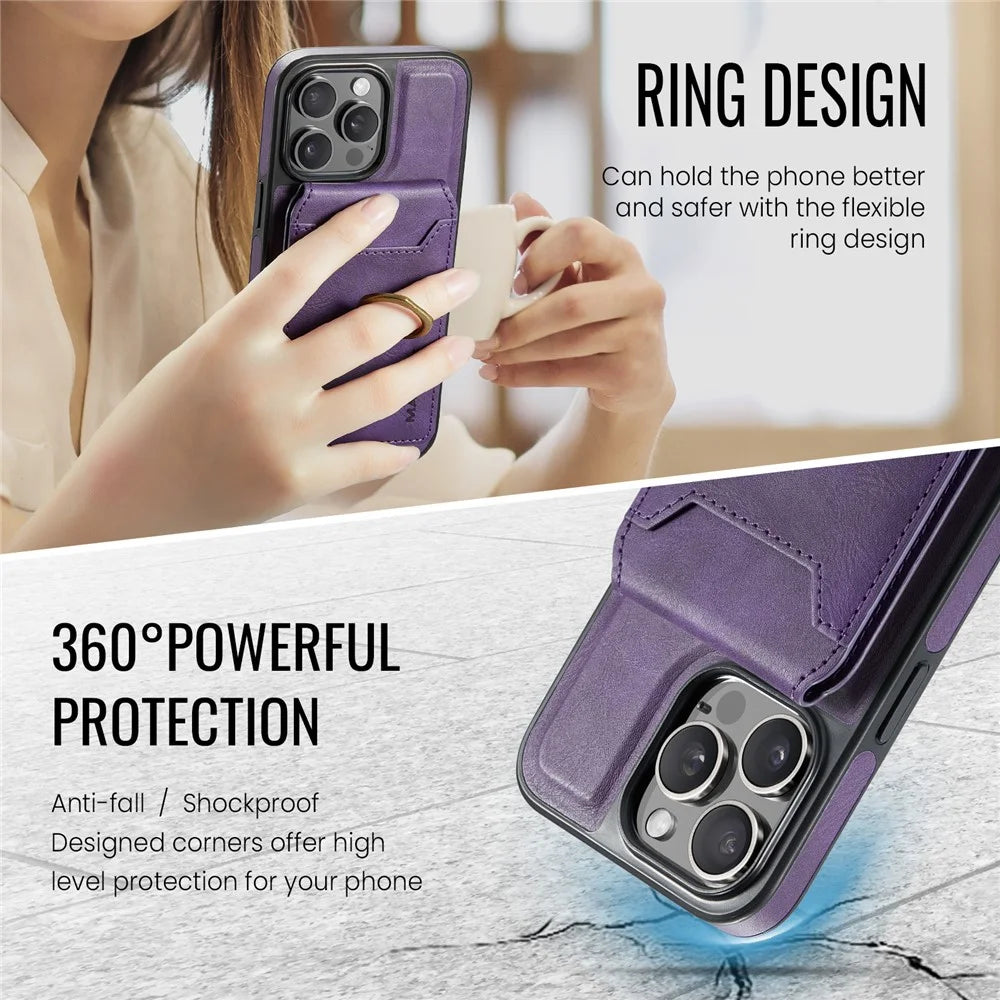 MAGKING K1 Series For iPhone 12 / 12 Pro Magnetic Case PC+TPU+PU Phone Cover with Card Holder Kickstand - Purple - 6
