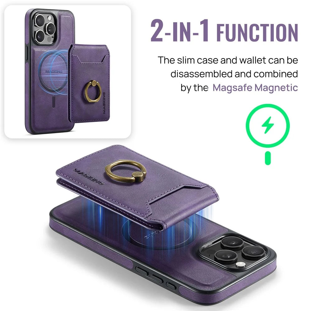 MAGKING K1 Series For iPhone 12 / 12 Pro Magnetic Case PC+TPU+PU Phone Cover with Card Holder Kickstand - Purple - 7