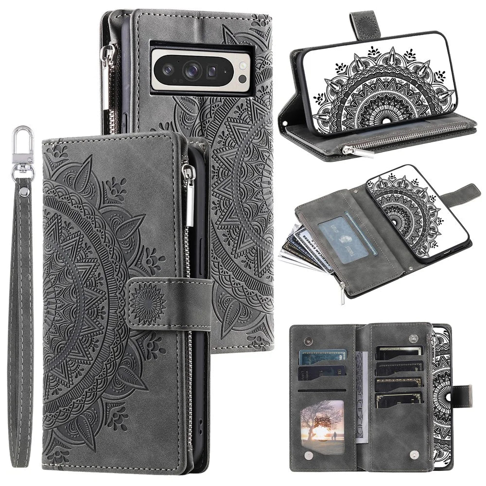 Style 006 For Google Pixel 9 Pro XL Wallet Case PU Leather Phone Cover Mandala Flower Pattern - Grey - 1
