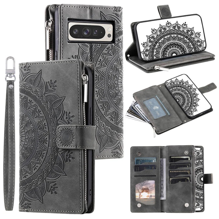 Style 006 For Google Pixel 9 Pro XL Wallet Case PU Leather Phone Cover Mandala Flower Pattern - Grey - 1