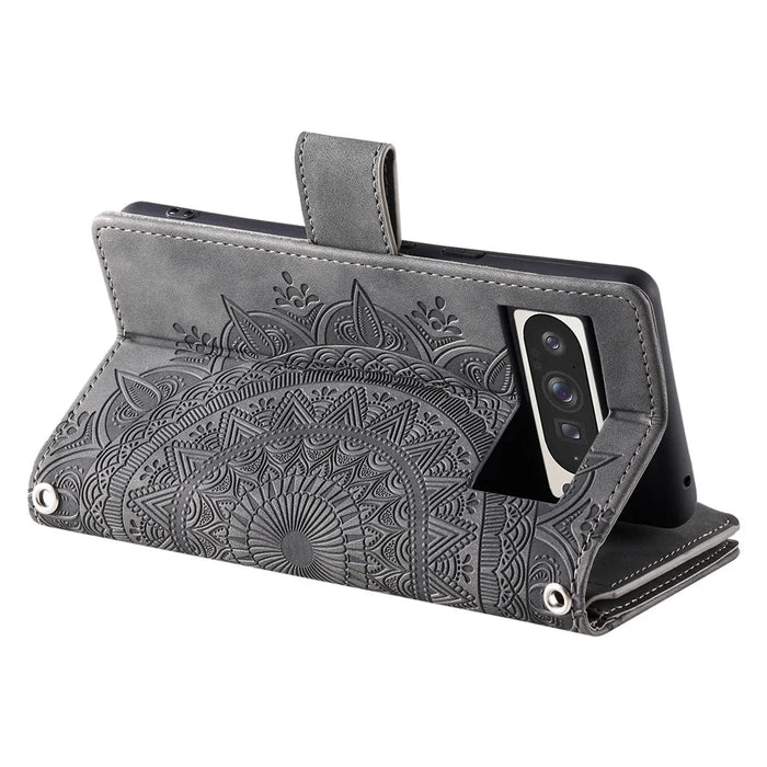 Style 006 For Google Pixel 9 Pro XL Wallet Case PU Leather Phone Cover Mandala Flower Pattern - Grey - 3