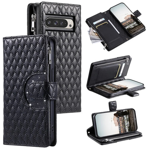 Style 012 for Google Pixel 9 Pro XL Case Zipper Wallet PU Leather Rhombus Grid Phone Cover - Black - 1