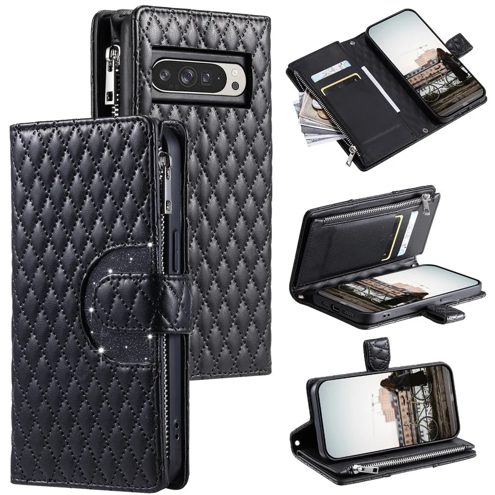 Style 012 for Google Pixel 9 Pro XL Case Zipper Wallet PU Leather Rhombus Grid Phone Cover - Black - 1
