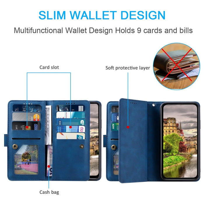 For Google Pixel 9 Pro XL Case PU Leather Phone Cover with Zipper Wallet 9 Card Slots - Blue - 6