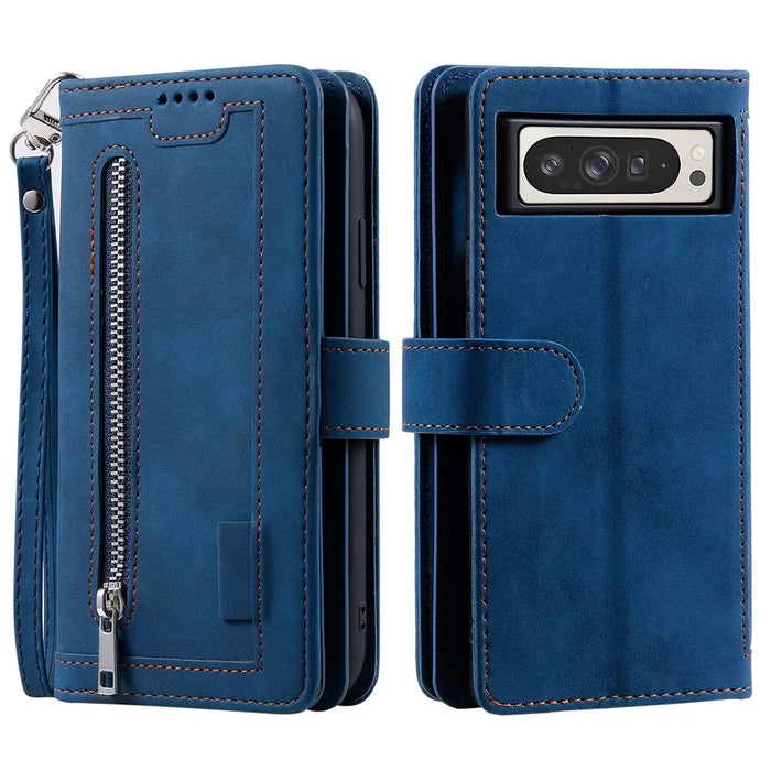 For Google Pixel 9 Pro XL Case PU Leather Phone Cover with Zipper Wallet 9 Card Slots - Blue - 7