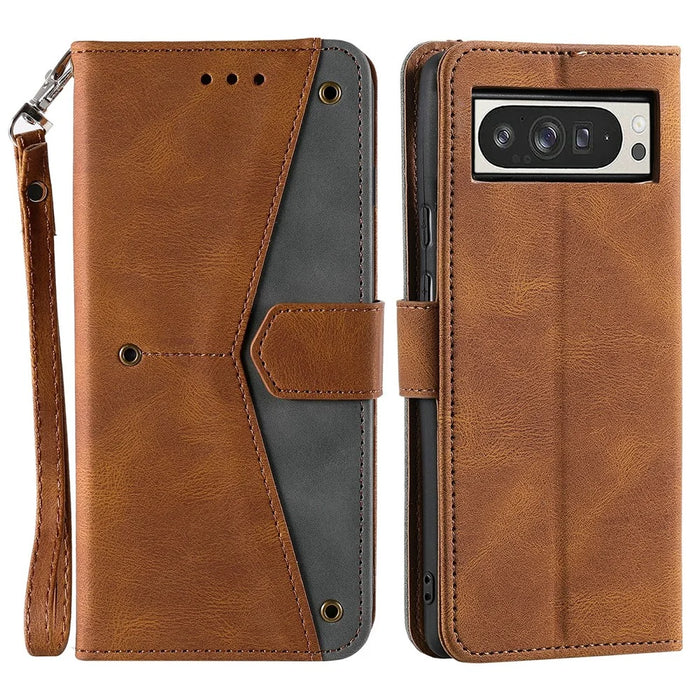 For Google Pixel 9 Pro XL Leather Case Splicing Stitching Wallet Stand Phone Cover with Strap - Brown - 1