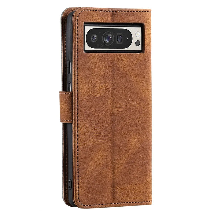 For Google Pixel 9 Pro XL Leather Case Splicing Stitching Wallet Stand Phone Cover with Strap - Brown - 5