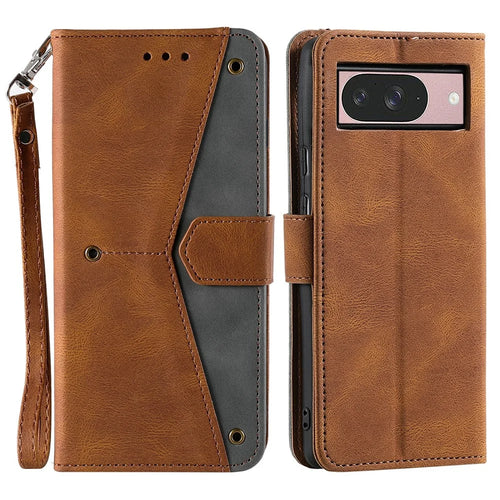 For Google Pixel 9 / 9 Pro Leather Case Splicing Stitching Wallet Stand Phone Cover with Strap - Brown - 1