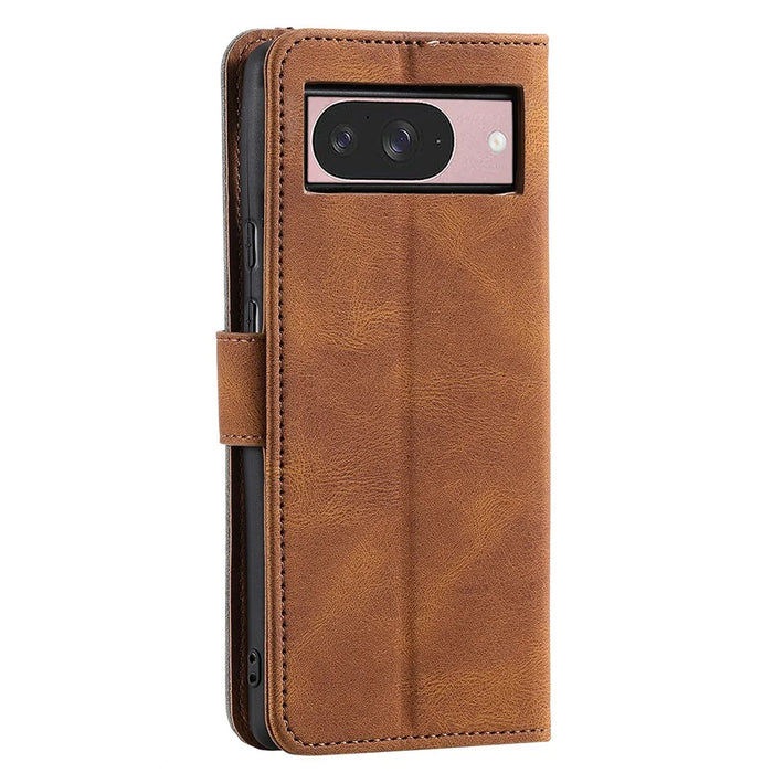 For Google Pixel 9 / 9 Pro Leather Case Splicing Stitching Wallet Stand Phone Cover with Strap - Brown - 5
