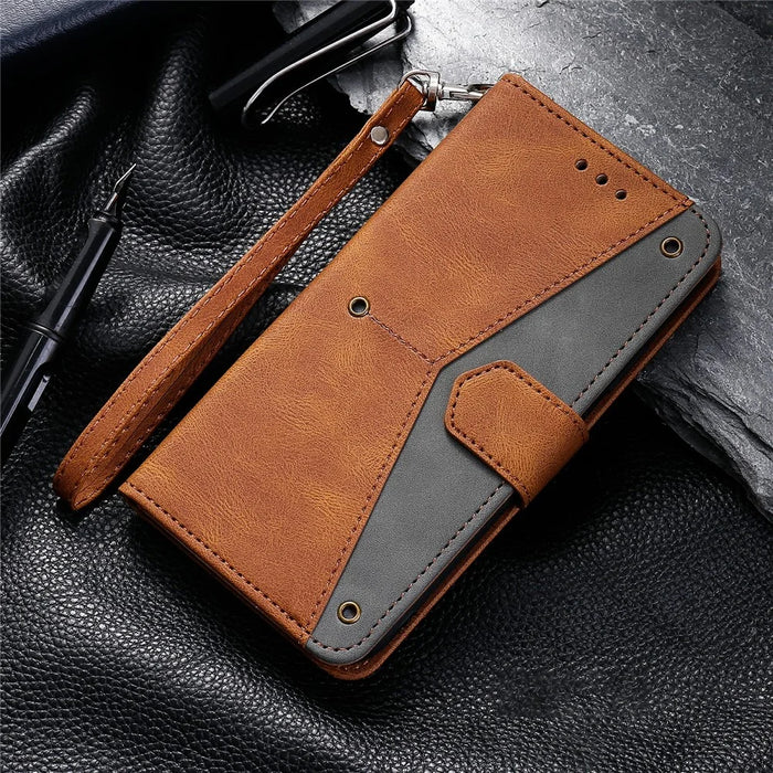 For Google Pixel 9 / 9 Pro Leather Case Splicing Stitching Wallet Stand Phone Cover with Strap - Brown - 6