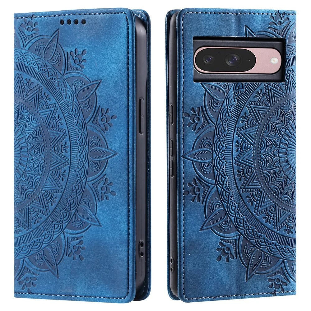 Style 010 For Google Pixel 9 / 9 Pro Case Mandala Pattern Magnetic Closing Leather Phone Cover - Blue - 1