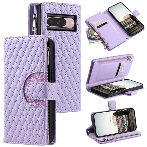Style 012 for Google Pixel 9 / 9 Pro Case Zipper Wallet PU Leather Rhombus Grid Phone Cover - Purple - 1