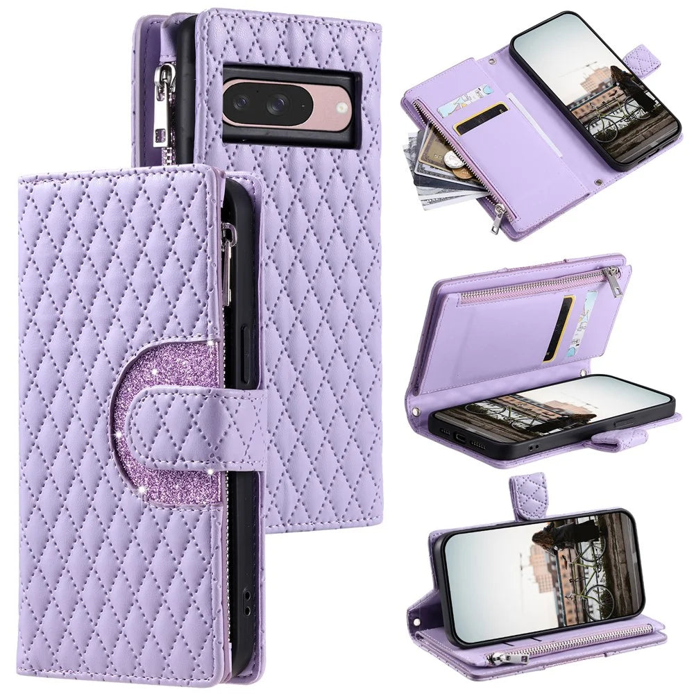 Style 012 for Google Pixel 9 / 9 Pro Case Zipper Wallet PU Leather Rhombus Grid Phone Cover - Purple - 1