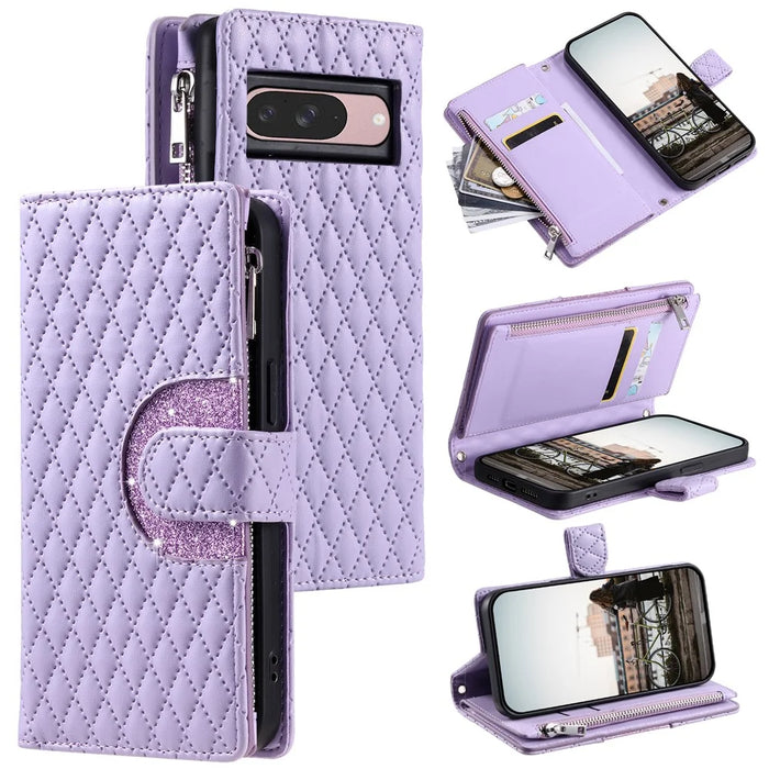 Style 012 for Google Pixel 9 / 9 Pro Case Zipper Wallet PU Leather Rhombus Grid Phone Cover - Purple - 1