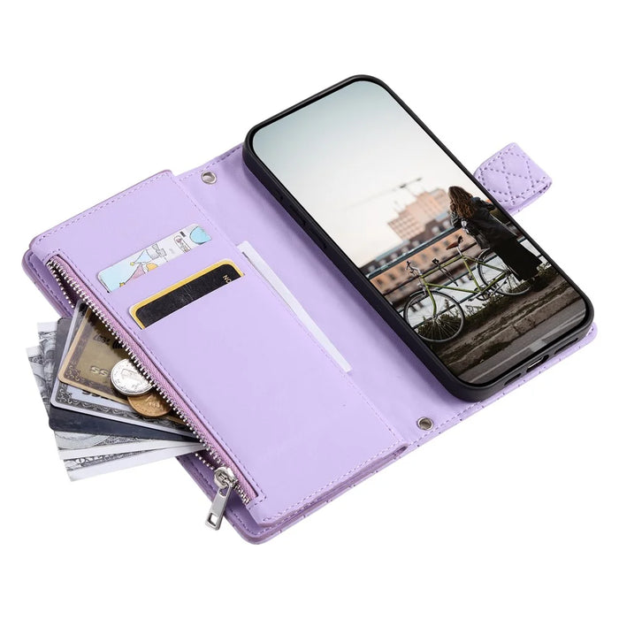 Style 012 for Google Pixel 9 / 9 Pro Case Zipper Wallet PU Leather Rhombus Grid Phone Cover - Purple - 5