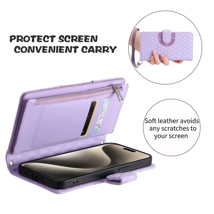 Style 012 for Google Pixel 9 / 9 Pro Case Zipper Wallet PU Leather Rhombus Grid Phone Cover - Purple - 7