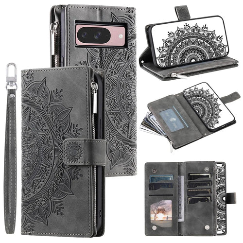 Style 006 For Google Pixel 9 / 9 Pro Wallet Case PU Leather Phone Cover Mandala Flower Pattern - Grey - 1