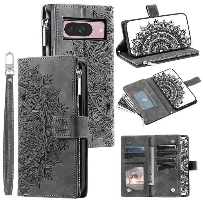 Style 006 For Google Pixel 9 / 9 Pro Wallet Case PU Leather Phone Cover Mandala Flower Pattern - Grey - 1