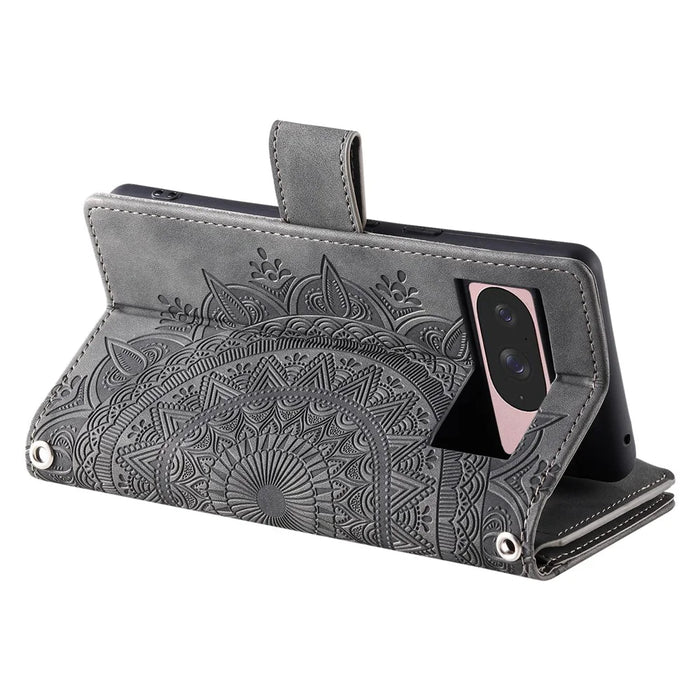 Style 006 For Google Pixel 9 / 9 Pro Wallet Case PU Leather Phone Cover Mandala Flower Pattern - Grey - 4