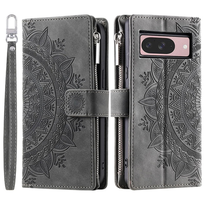 Style 006 For Google Pixel 9 / 9 Pro Wallet Case PU Leather Phone Cover Mandala Flower Pattern - Grey - 6