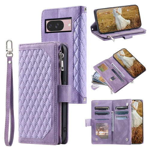 Style 005 For Google Pixel 9 / 9 Pro Wallet Case Rhombus PU Leather Zipper Phone Cover - Purple - 1