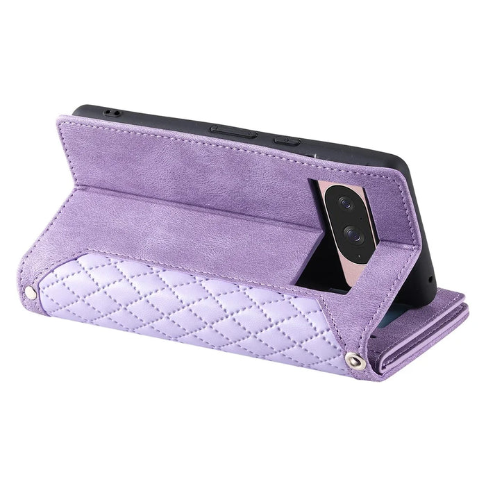 Style 005 For Google Pixel 9 / 9 Pro Wallet Case Rhombus PU Leather Zipper Phone Cover - Purple - 3