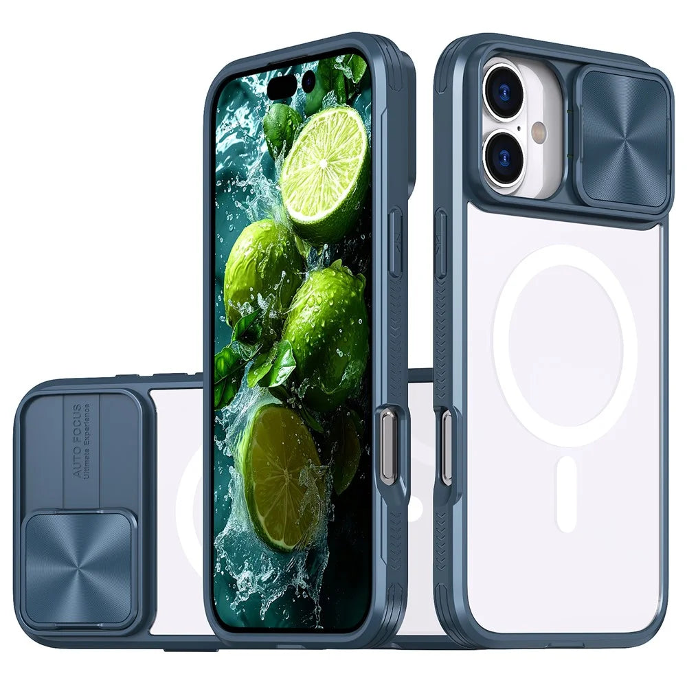 For iPhone 16 Clear Phone Case Compatible with MagSafe PC Cover with Camera Lens Slider - Navy Blue - 1