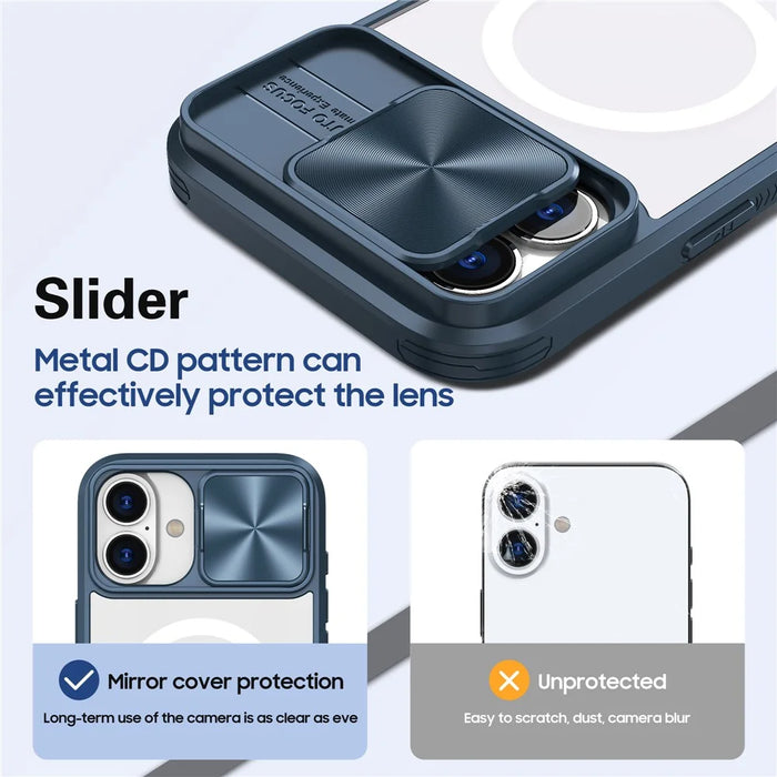 For iPhone 16 Clear Phone Case Compatible with MagSafe PC Cover with Camera Lens Slider - Navy Blue - 4