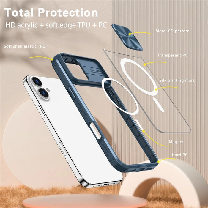 For iPhone 16 Clear Phone Case Compatible with MagSafe PC Cover with Camera Lens Slider - Navy Blue - 6