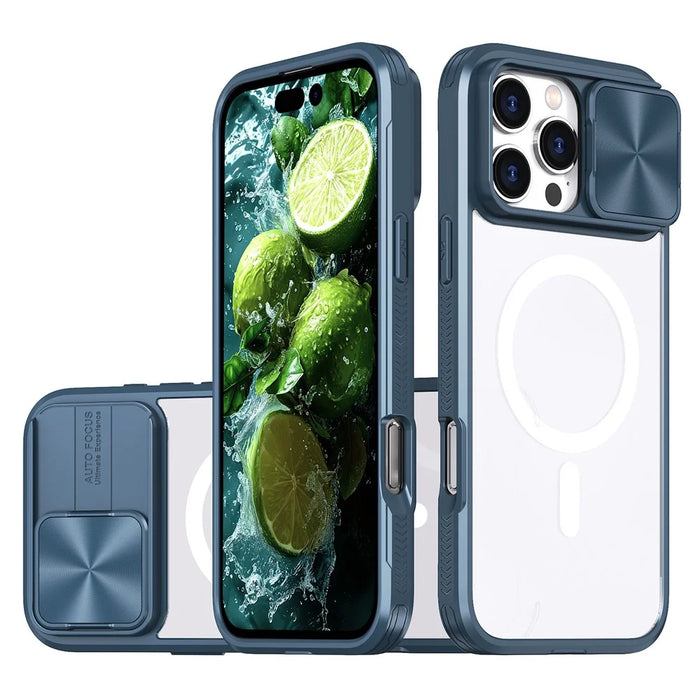 For iPhone 16 Pro Clear Phone Case Compatible with MagSafe PC Cover with Camera Lens Slider - Navy Blue - 1