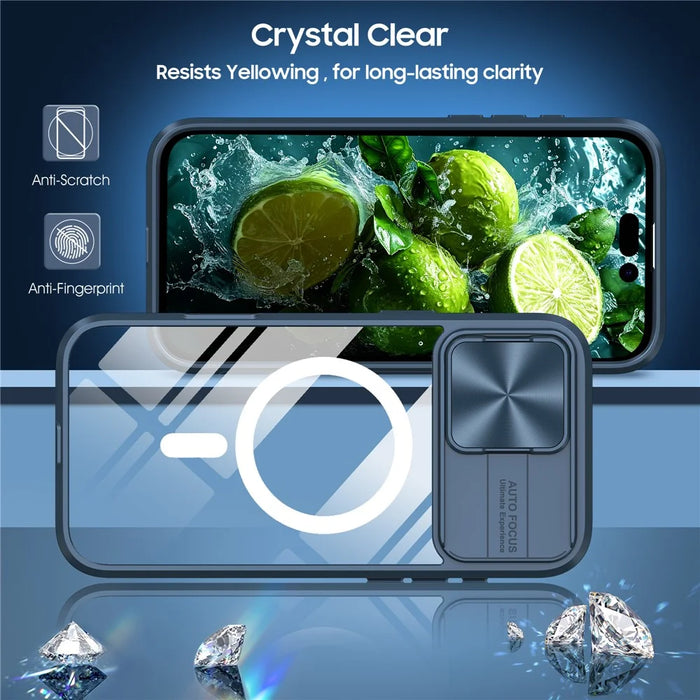 For iPhone 16 Pro Clear Phone Case Compatible with MagSafe PC Cover with Camera Lens Slider - Navy Blue - 2