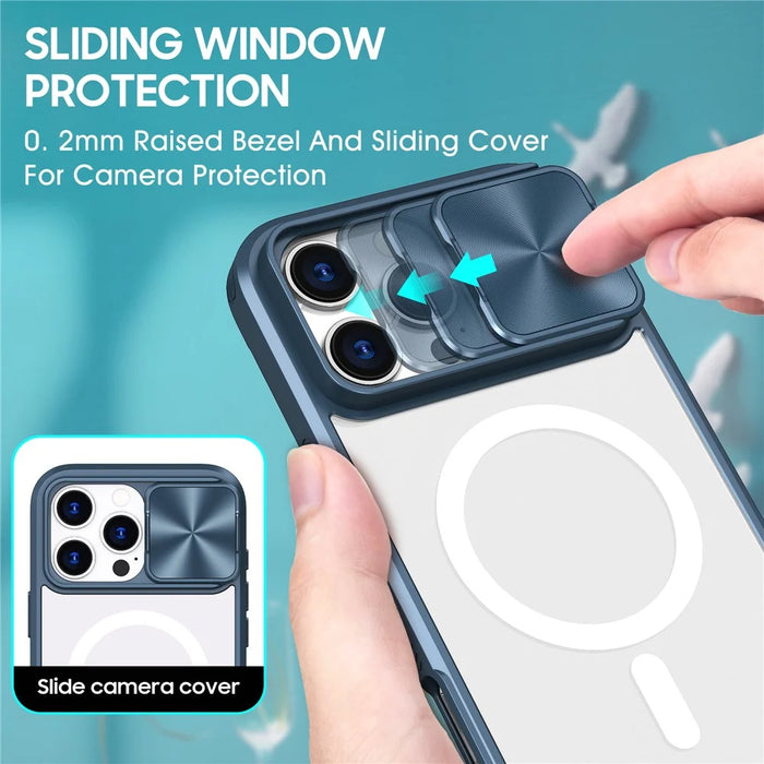For iPhone 16 Pro Clear Phone Case Compatible with MagSafe PC Cover with Camera Lens Slider - Navy Blue - 3