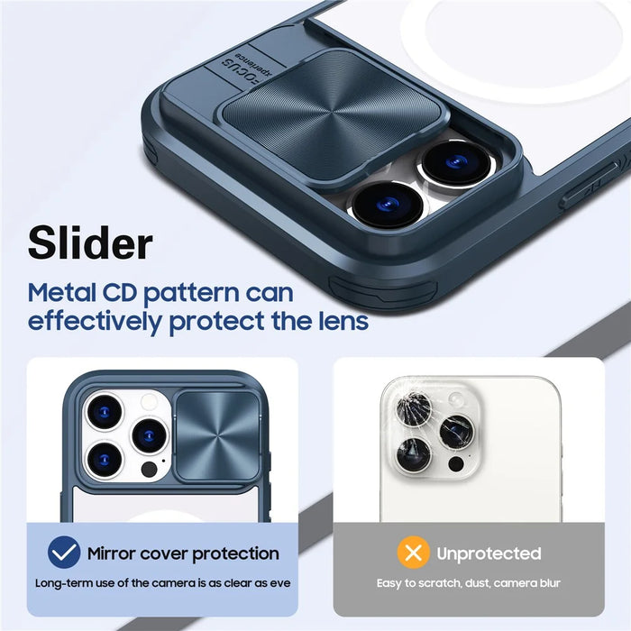 For iPhone 16 Pro Clear Phone Case Compatible with MagSafe PC Cover with Camera Lens Slider - Navy Blue - 4