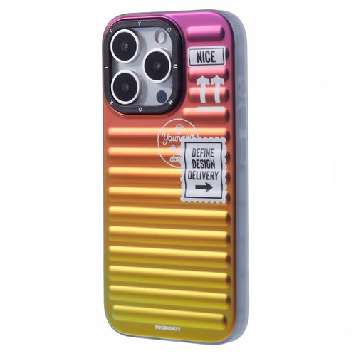 YOUNGKIT For iPhone 16 Pro Case Suitcase Style TPU + Aluminium Alloy Laser Gradient Phone Cover - Purple / Red / Yellow - 1
