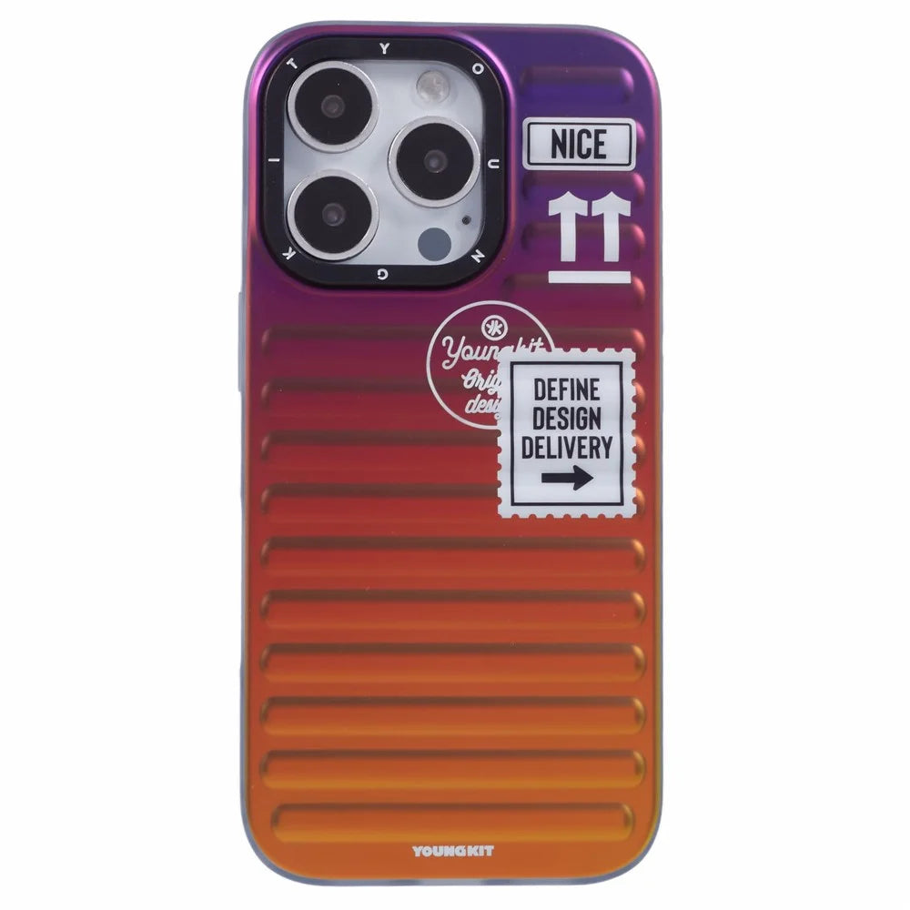 YOUNGKIT For iPhone 16 Pro Case Suitcase Style TPU + Aluminium Alloy Laser Gradient Phone Cover - Purple / Red / Yellow - 3