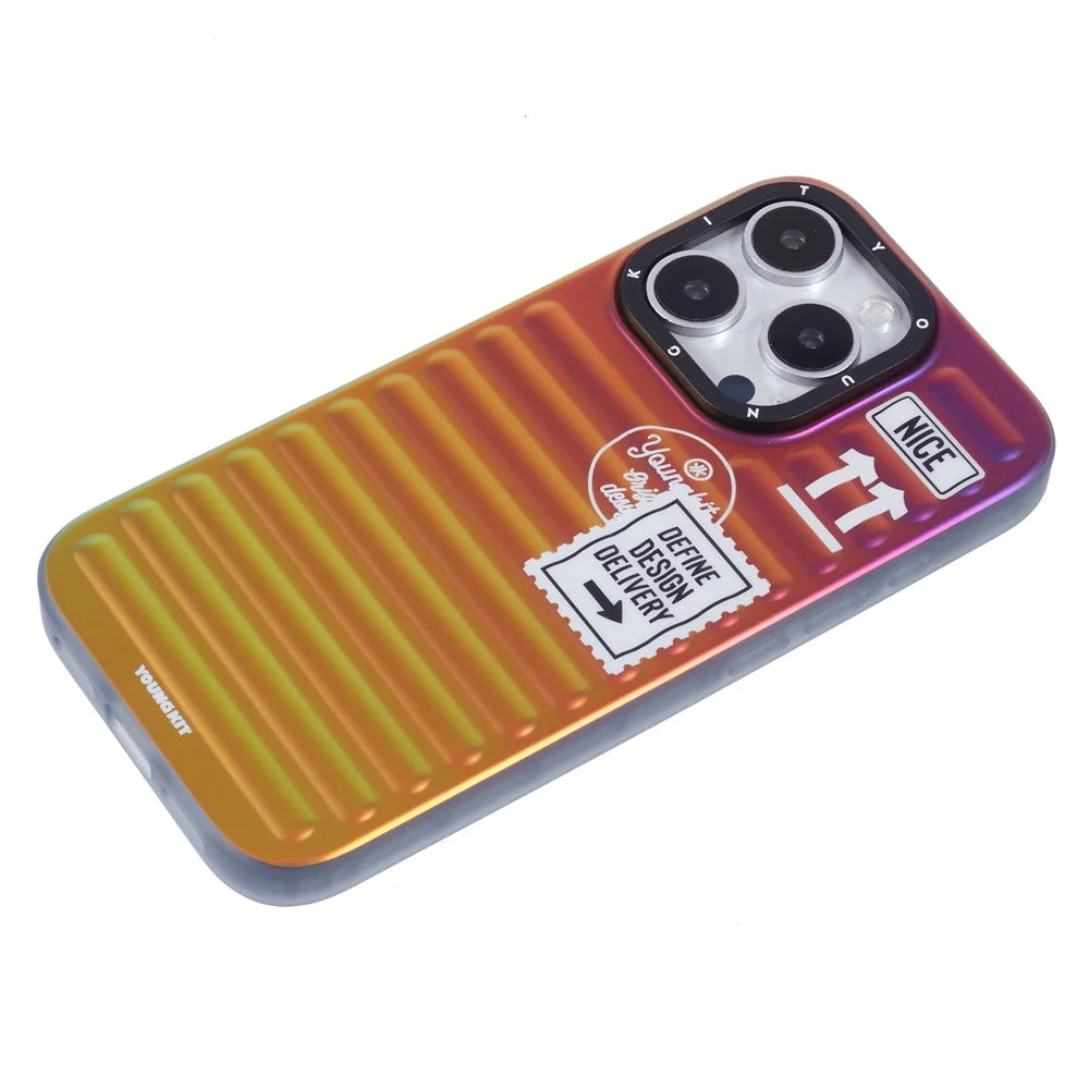 YOUNGKIT For iPhone 16 Pro Case Suitcase Style TPU + Aluminium Alloy Laser Gradient Phone Cover - Purple / Red / Yellow - 4