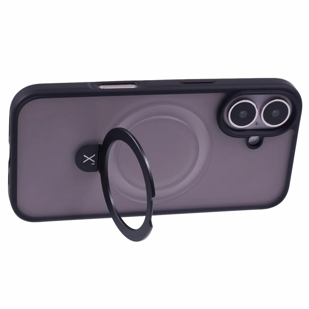 X-LEVEL PITHY STONE II For iPhone 16 Magnetic Case PC+TPU Back Cover Kickstand - Black - 4