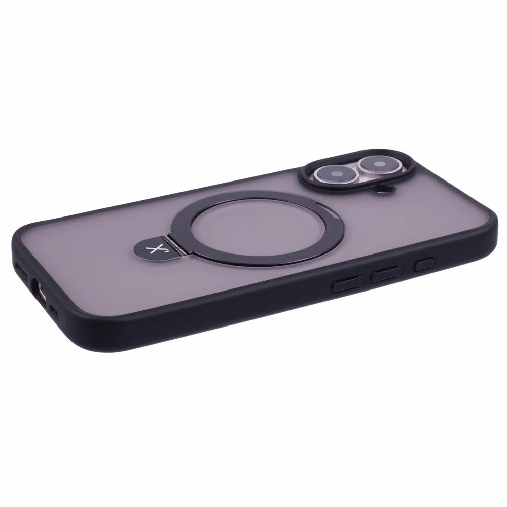 X-LEVEL PITHY STONE II For iPhone 16 Magnetic Case PC+TPU Back Cover Kickstand - Black - 6