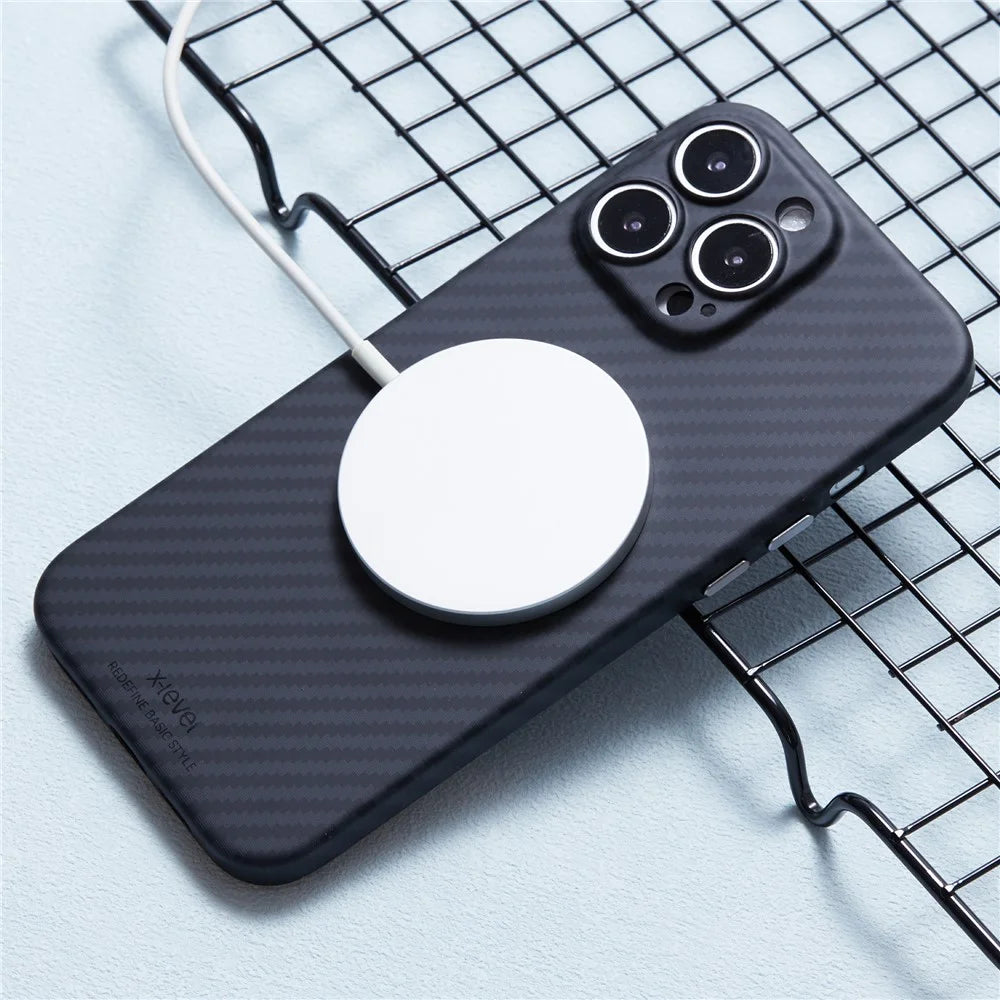 X-LEVEL For iPhone 16 Pro Magnetic Case Ultra-Thin PC Hard Phone Cover Carbon Fiber Texture - Black - 3