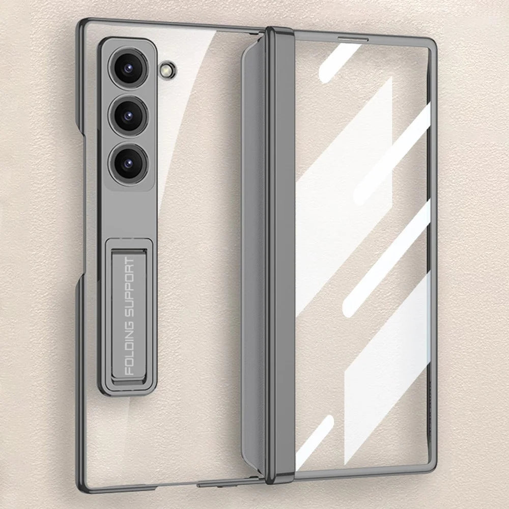 GKK For Samsung Galaxy Z Fold6 5G Clear Case Kickstand PC Phone Cover with Screen Film - Silver - 1