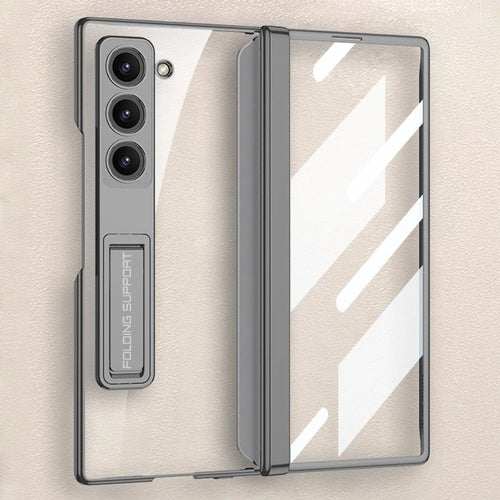 GKK For Samsung Galaxy Z Fold6 5G Clear Case Kickstand PC Phone Cover with Screen Film - Silver - 1