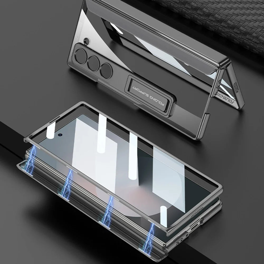 GKK For Samsung Galaxy Z Fold6 5G Clear Case Kickstand PC Phone Cover with Screen Film - Silver - 2